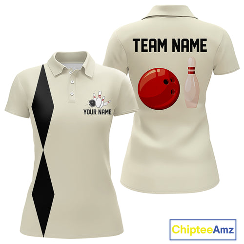Personalized Retro Bowling Polo, 1/4 Zip Shirt For Women custom vintage bowling team jersey | Beige NQS11015