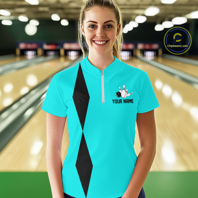 Personalized Retro Women Bowling Polo, 1/4 Zip Shirts custom vintage bowling team jersey | Cyan Blue NQS11017