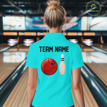 Load image into Gallery viewer, Personalized Retro Women Bowling Polo, 1/4 Zip Shirts custom vintage bowling team jersey | Cyan Blue NQS11017
