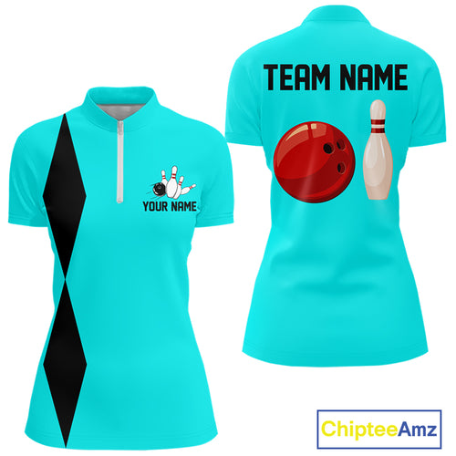 Personalized Retro Women Bowling Polo, 1/4 Zip Shirts custom vintage bowling team jersey | Cyan Blue NQS11017