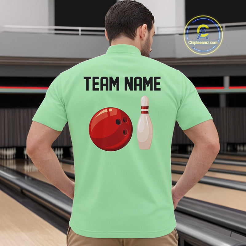 Personalized Retro Bowling Polo, 1/4 Zip Shirt For Men custom vintage bowling team jersey| Mint Green NQS11018