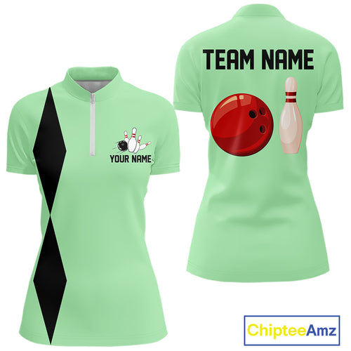 Personalized Retro Women Bowling Polo, 1/4 Zip Shirts custom vintage bowling team jersey | Mint Green NQS11018