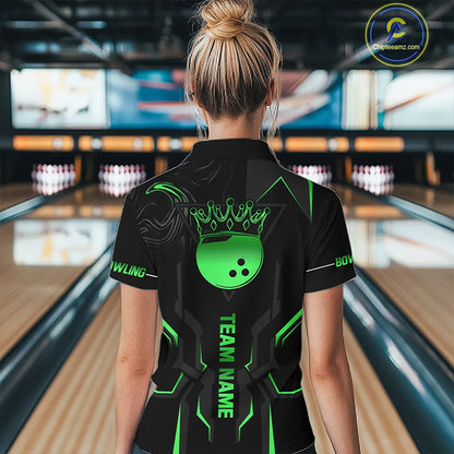 Black and Green Bowling Polo, Quarter Zip Shirts For Women Custom Bowling Crown Team Jerseys Outfits NQS11222
