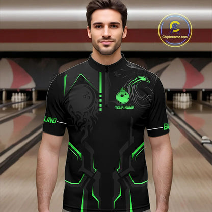 Black and Green Bowling Polo, Quarter Zip Shirts For Men Custom Bowling Crown Team Jerseys Outfits NQS11222