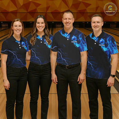 Black & Blue Flame Lightning Thunder Bowling Shirts For Men Custom Bowling Team Jersey, Bowlers Gift NQS11227