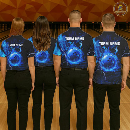 Black & Blue Flame Lightning Thunder Bowling Shirts For Men Custom Bowling Team Jersey, Bowlers Gift NQS11227