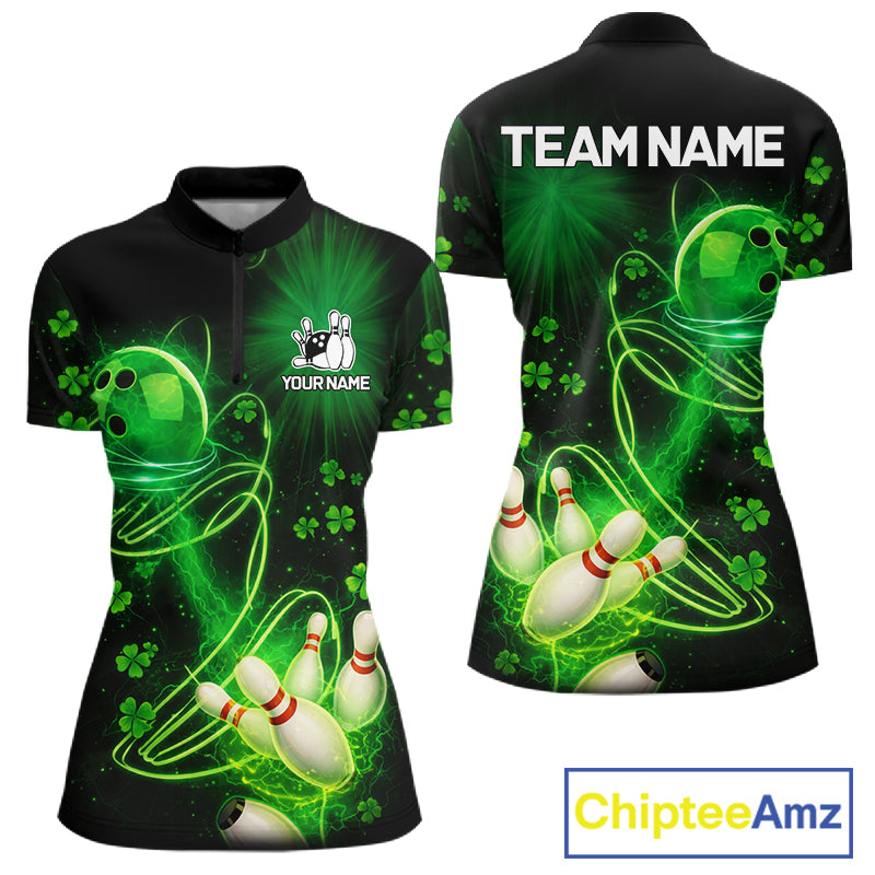 Green shamrock lightning thunder St Patrick's Day bowling shirts for women custom team bowling jersey NQS11414