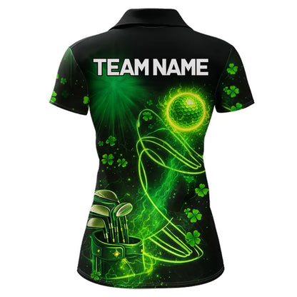 Green shamrock lightning thunder St Patrick's Day custom matching golf polo shirts for couples NQS11415