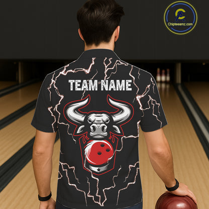 Bowling Bull Thunder Lightning Black & Red Button-up bowling shirts custom Bowling Team League Jersey NQS11417