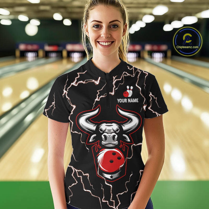 Bowling Bull Thunder Lightning Black & Red Bowling shirts for Women custom Bowling Team League Jersey NQS11417