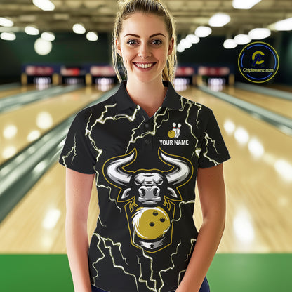 Bowling Bull Thunder Lightning Black Yellow Bowling shirt for Women custom Bowling Team League Jersey NQS11418