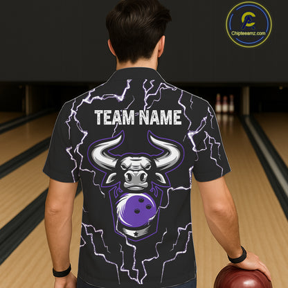 Bowling Bull Thunder Lightning Black & Purple Button-up bowling shirts custom Bowling Team Jersey NQS11419