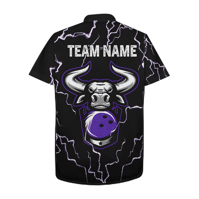 Bowling Bull Thunder Lightning Black & Purple Button-up bowling shirts custom Bowling Team Jersey NQS11419