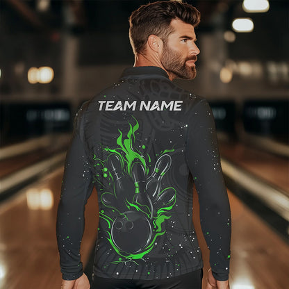 Black and Green Cobra Snake Bowling Polo, Quarter Zip Shirts For Men Custom Name Bowling Team Shirts NQS9655
