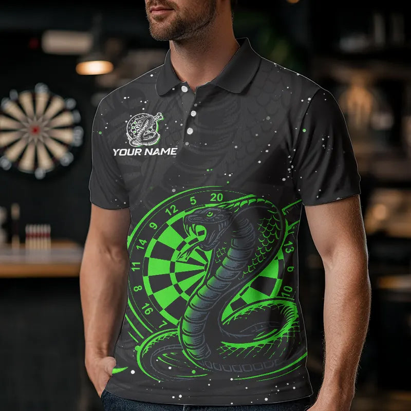 Black and Green Cobra Snake Darts Polo, Quarter Zip Shirts For Men Custom Name Darts Team Jerseys NQS9656