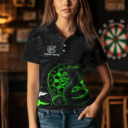 Black and Green Cobra Snake Darts Polo, Quarter Zip Shirts For Women Custom Name Darts Team Jerseys NQS9656