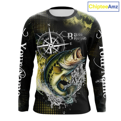Personalized Black and Green Bass fishing scales compass Performance long sleeve Fishing Team Shirts NQS11725