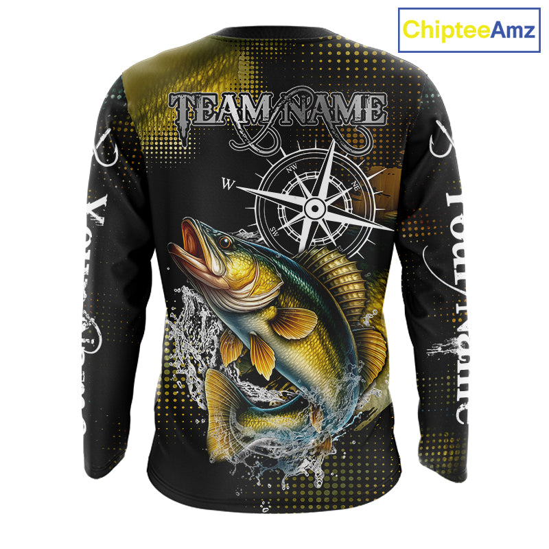 Custom Black and Yellow Walleye fishing scales compass Performance long sleeve Fishing Team Shirts NQS11726