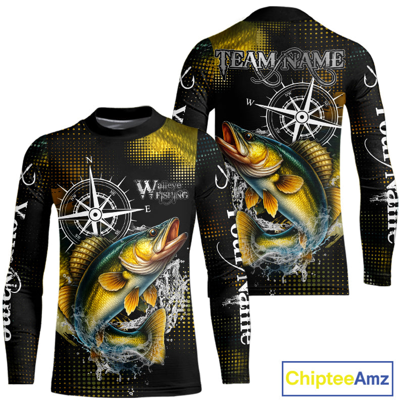 Custom Black and Yellow Walleye fishing scales compass Performance long sleeve Fishing Team Shirts NQS11726