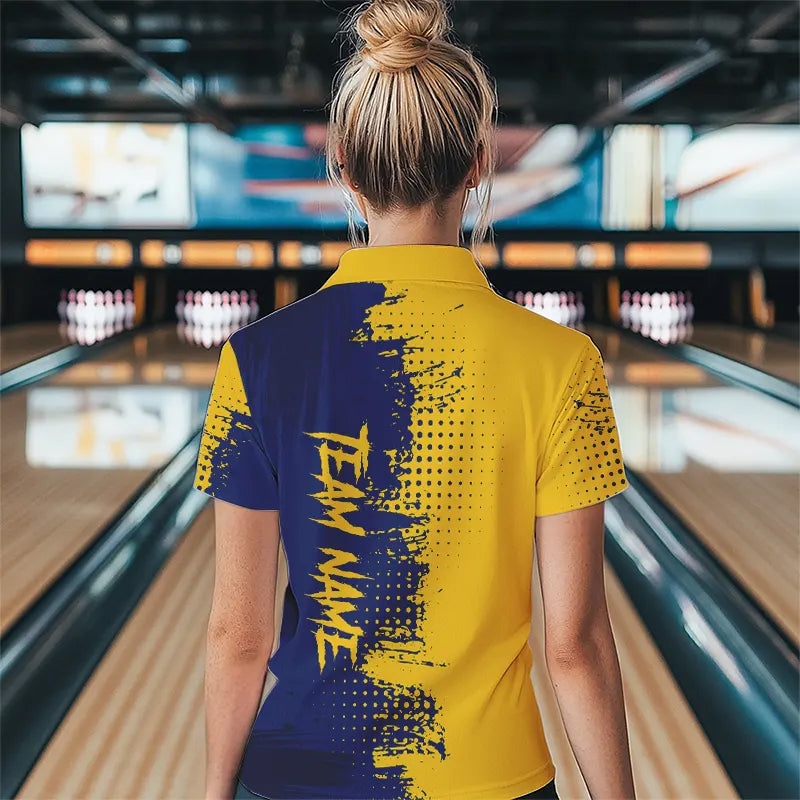Blue and Yellow Bowling Polo, Quarter Zip shirts for Women Custom Bowling Team Jerseys NQS9354