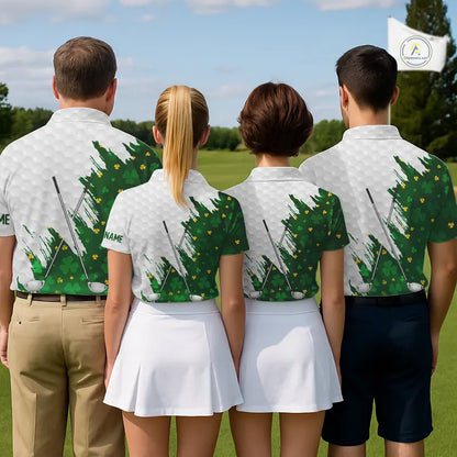 Green clover pattern St Patrick's day custom white Womens golf polo shirts, team ladies golf tops NQS11421
