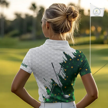 Green clover pattern St Patrick's day custom white Womens golf polo shirts, team ladies golf tops NQS11421