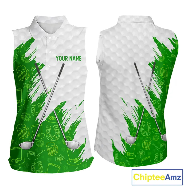 Green and White St Patrick's day pattern custom Women Sleeveless polos, team golf attire for ladies NQS11422