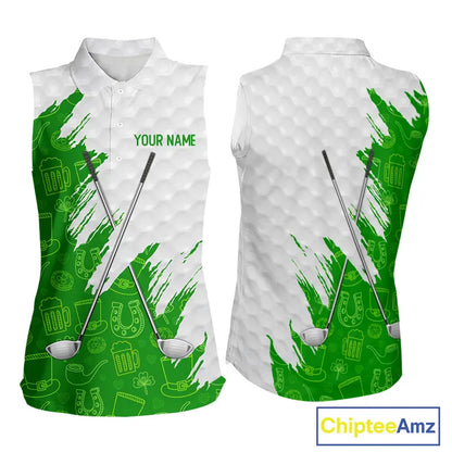 Green and White St Patrick's day pattern custom Women Sleeveless polos, team golf attire for ladies NQS11422