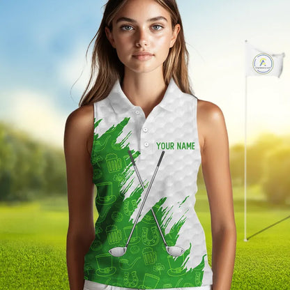 Green and White St Patrick's day pattern custom Women Sleeveless polos, team golf attire for ladies NQS11422
