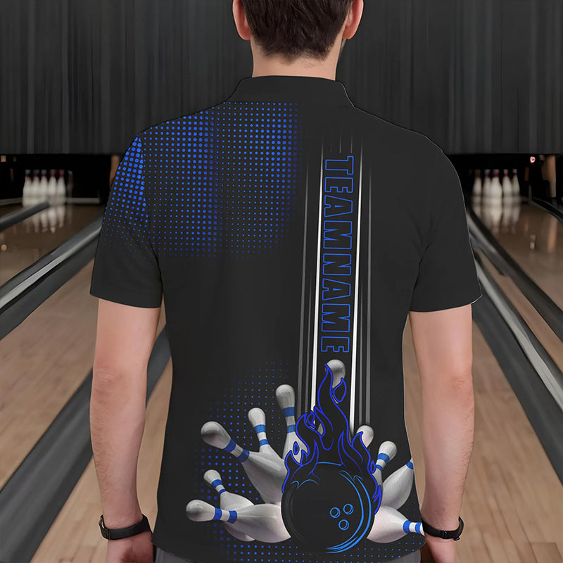 Personalized Black and Blue Flame Bowling Polo, Quarter Zip Shirts For Men Custom Bowling Team Jerseys NQS9497