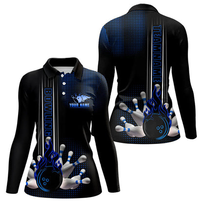 Personalized Black and Blue Flame Bowling Polo, Quarter Zip Shirt For Women Custom Bowling Team Jersey NQS9497