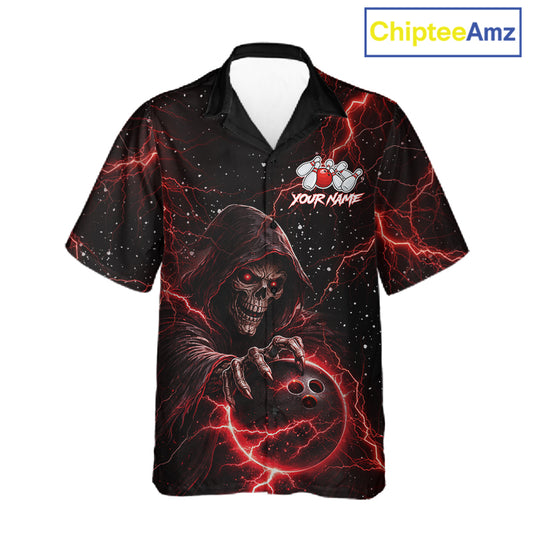 Custom Black And Red Lightning Thunder Skull Reaper Bowling Button-up Shirt, Hawaiian Bowling Jerseys NQS11623