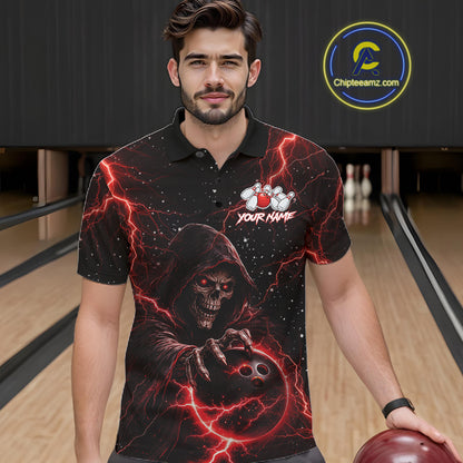Custom Black And Red Lightning Thunder Skull Reaper Bowling Shirts For Men, Bowling Team Jerseys NQS11623