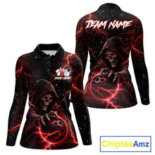 Load image into Gallery viewer, Custom Black And Red Lightning Thunder Skull Reaper Bowling Shirts For Women, Bowling Team Jerseys NQS11623