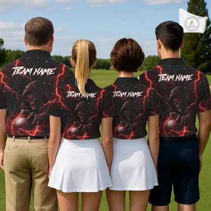 Custom Black And Red Lightning Thunder Skull Reaper Womens Golf Polo Shirt, ladies golf apparel NQS11624
