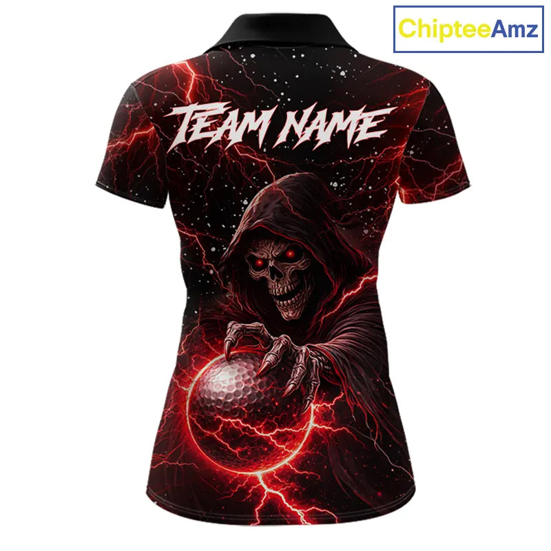Custom Black And Red Lightning Thunder Skull Reaper Womens Golf Polo Shirt, ladies golf apparel NQS11624