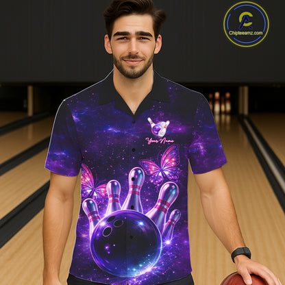 Custom Purple Galaxy Butterfly Bowling Button-up Shirt, Hawaiian Bowling Team Jersey With Butterflies NQS11627