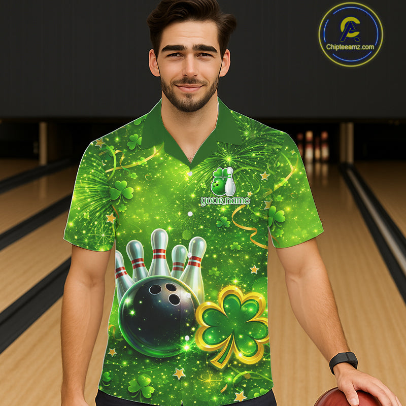 Happy St Patrick's Day Green and Gold Shamrock Bowling Button-up Shirts Custom Team Bowling Jersey NQS11630