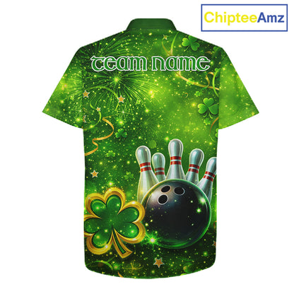 Happy St Patrick's Day Green and Gold Shamrock Bowling Button-up Shirts Custom Team Bowling Jersey NQS11630