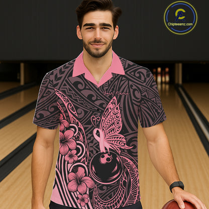 Black and Pink tropical tribal pattern butterfly Bowling Button-up Shirts Custom Bowling Team Jerseys NQS11731