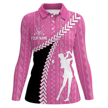 Load image into Gallery viewer, Black and Pink Hawaiian Tribal Pattern Womens golf polo shirts custom golf clothes for ladies NQS8221