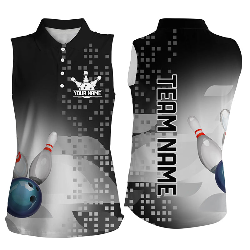 Black and White Bowling Sleeveless Polo Shirt For Women Custom team bowling jersey, Gift for Bowlers NQS8450