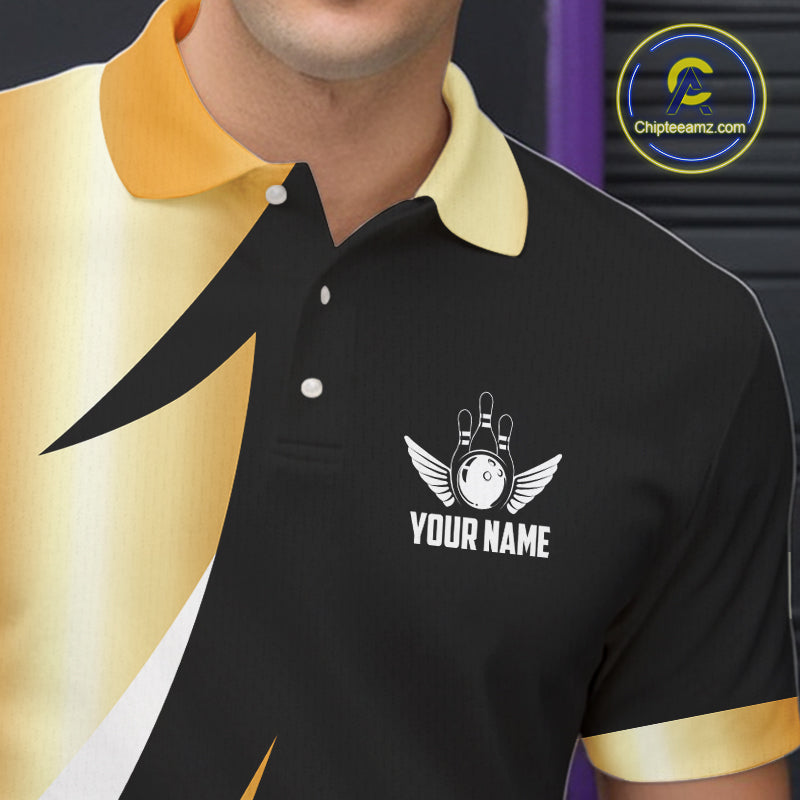 Black and Gold Bowling ball wings Bowling Polo, Quarter Zip Shirts for Men Custom Bowling Team jersey NQS11043