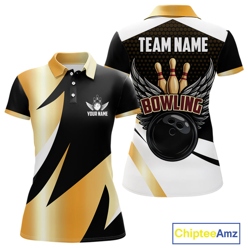 Black and Gold Bowling ball wings Bowling Polo, 1/4 Zip Shirts for Women Custom Bowling Team jersey NQS11043