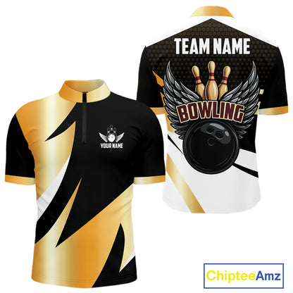 Black and Gold Bowling ball wings Bowling Polo, Quarter Zip Shirts for Men Custom Bowling Team jersey NQS11043