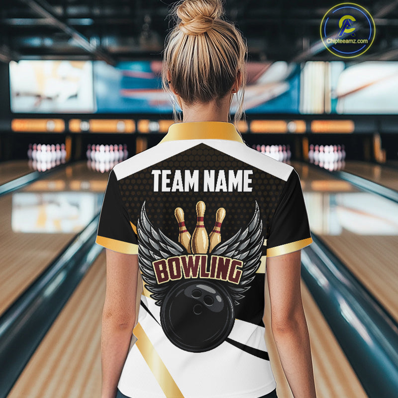 Black and Gold Bowling ball wings Bowling Polo, 1/4 Zip Shirts for Women Custom Bowling Team jersey NQS11043