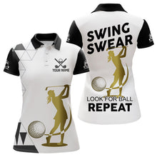 Load image into Gallery viewer, Black and White Womens Golf Polo Shirts custom Swing, swear, look for ball repeat golf tops for women NQS9158