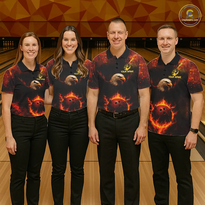 Personalized Flame Eagle Bowling Polo, Quarter Zip Shirts For Men Custom Team Eagle Bowling Jerseys NQS11236