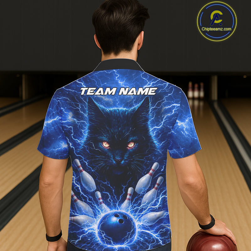 Blue Lightning Thunder Cat Hawaiian Bowling Jerseys custom Button-up bowling Team League Shirts NQS11428