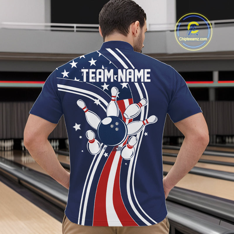 Retro bowling Polo, 1/4 Zip shirts for Men Custom American flag patriotic team bowling jerseys | Navy NQS11430